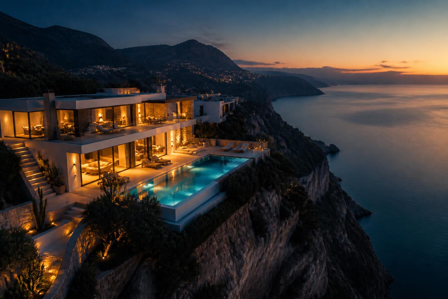 Luxury cliffside villa at dusk